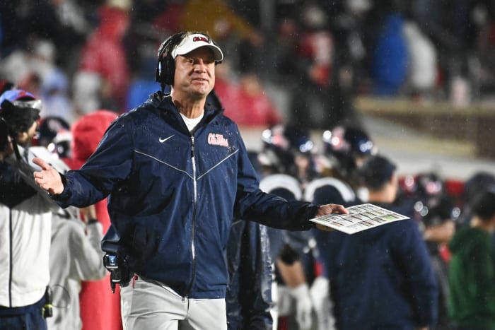 Nov 24, 2022; Oxford, Mississippi, USA; Ole Miss Rebels head coach Lane Kiffin reacts while a play is revewed during the fourth quarter of the game against the Mississippi State Bulldogs at Vaught-Hemingway Stadium. Mandatory Credit: Matt Bush-USA TODAY Sports